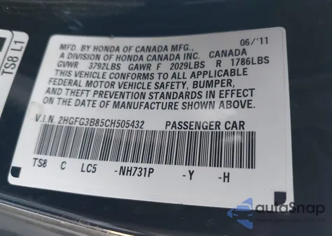 2012 Honda Civic Ex z USA, uszkodzony, nr VIN 2HGFG3B85CH505432